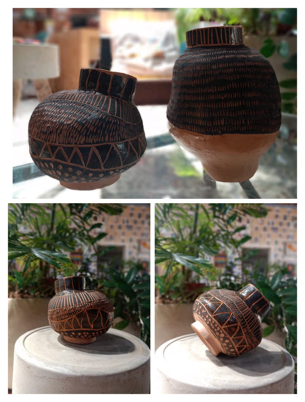 Vaso arredondado sgrafito preto pequeno